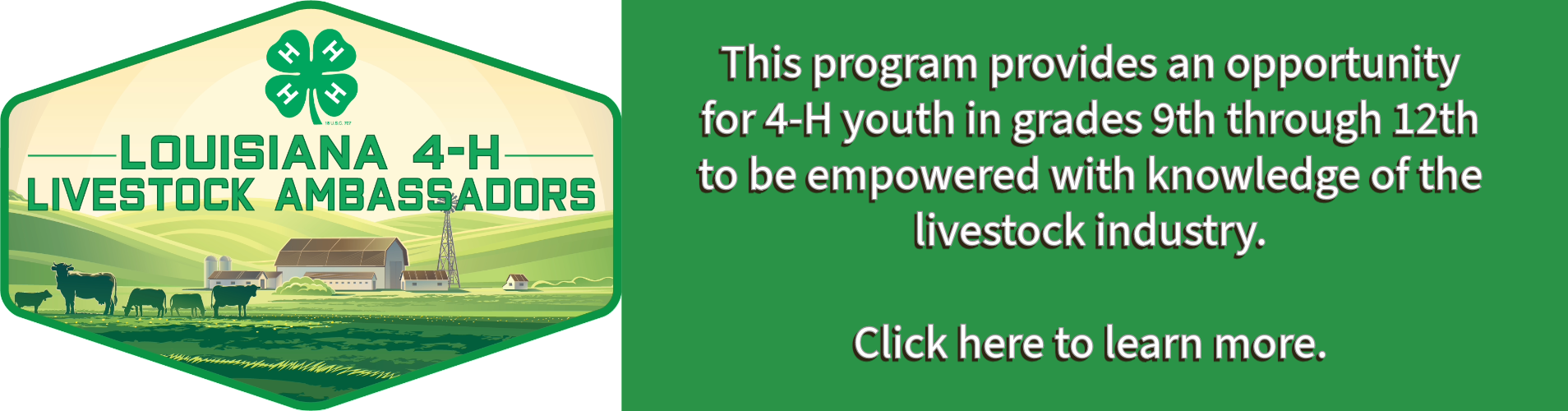 Livestock Ambassadors logo on the banner. This program provides an opportunity for 4-H youth in grades 9th through 12th to be empowered with knowledge of the livestock industry. Click here to learn more.